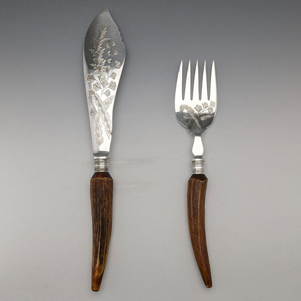 約 1900 年英國古董鹿角手柄魚餐具組 Elizabeth Jane Fairbairns